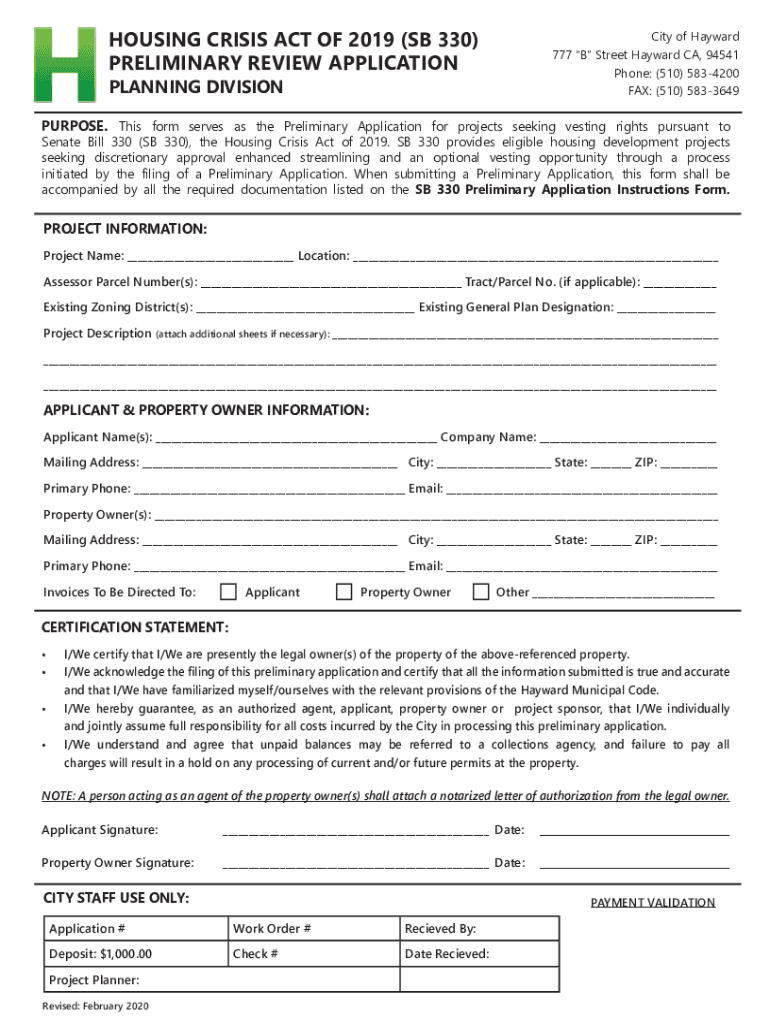 Fillable Online HOUSING CRISIS ACT OF 2019 (SB 330) PRELIMINARY REVIEW