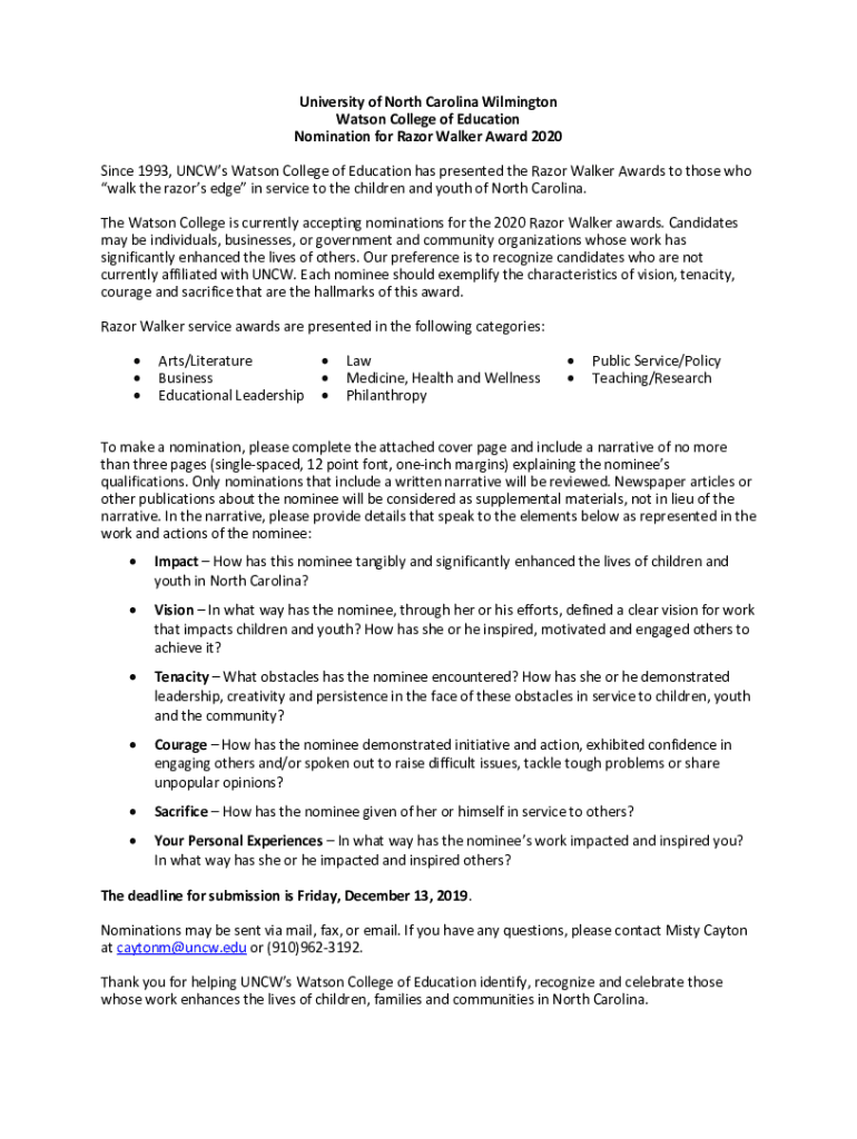 Fillable Online Nominations Razor Walker Awards Watson College of