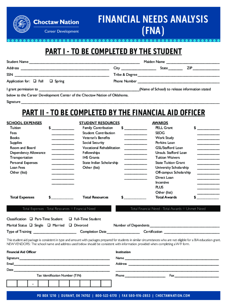 FINANCIAL NEEDS ANALYSIS (FNA) - Choctaw Nation Preview on Page 1