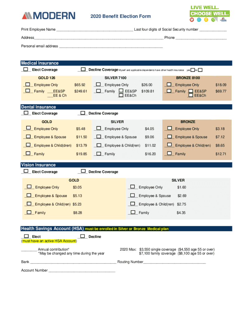 Fillable Online 2020 Benefit Election Form Fax Email Print pdfFiller