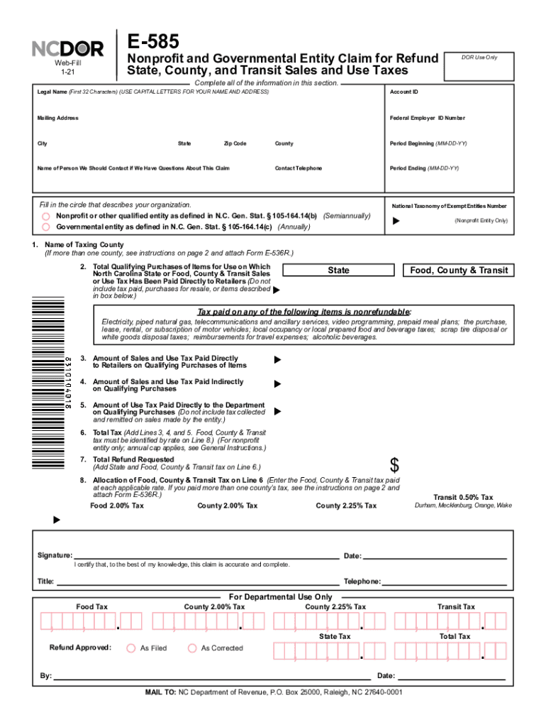 nc sales tax refund form e 585 Preview on Page 1.