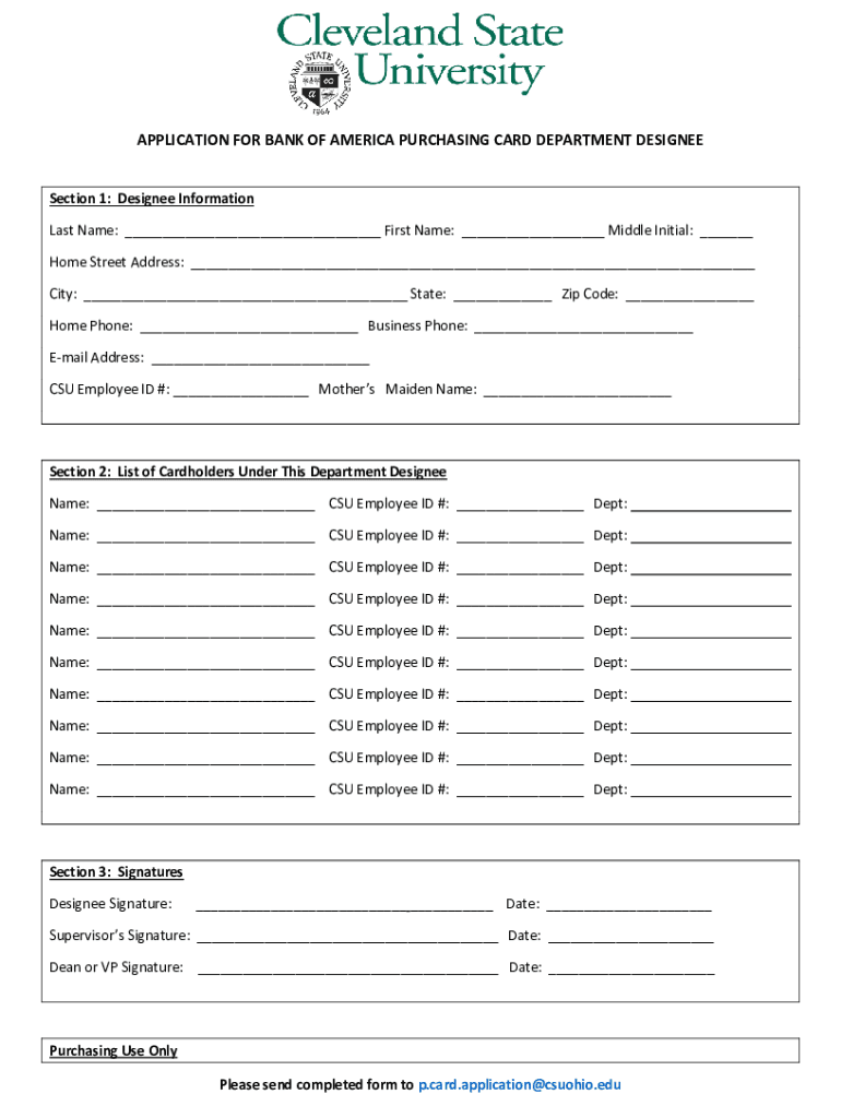 Fillable Online APPLICATION FOR BANK OF AMERICA PURCHASING CARD ...