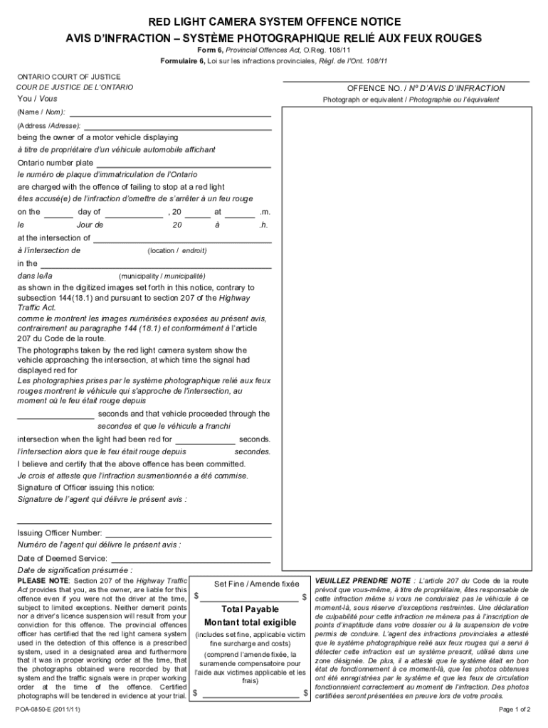 Fillable Online ontariocourtforms on RED LIGHT CAMERA SYSTEM OFFENCE