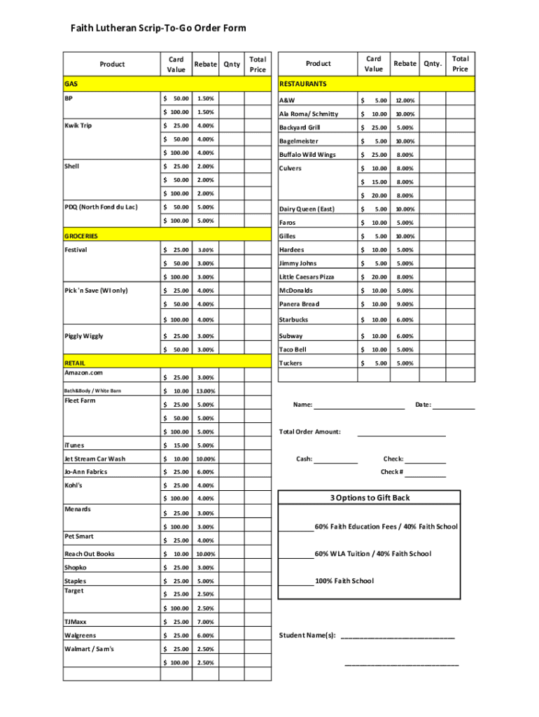 Fillable online faith lutheran scrip to go order form fax email print