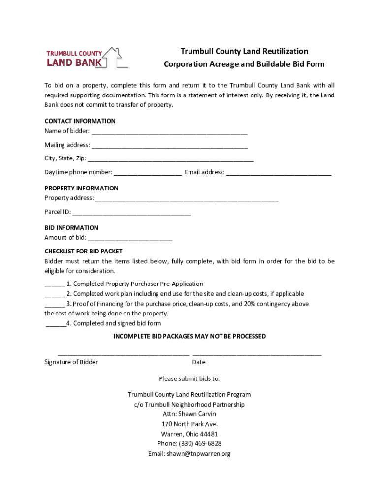 Fillable Online Fillable Online Acreage and Buildable Lot Bid Form ...