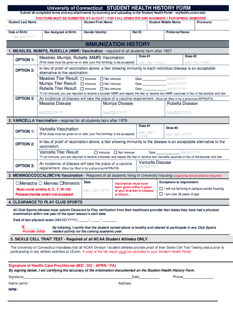 University of Connecticut STUDENT HEALTH HISTORY FORM Preview on Page 1