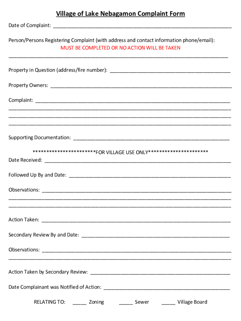 Fillable Online Village of Lake Nebagamon Complaint Form Fax Email