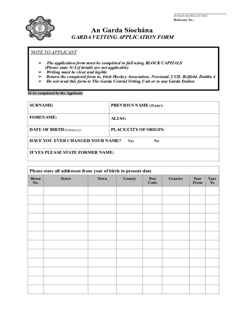 Fillable Online Fillable Online Garda Vetting Application Form Early
