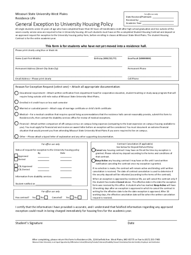 Fillable Online wp missouristate housinggeneralexceptionform.docx Fax Email Print pdfFiller