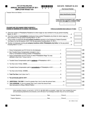 Philadelphia 2011 Employer Wage Tax Reconciliation Form