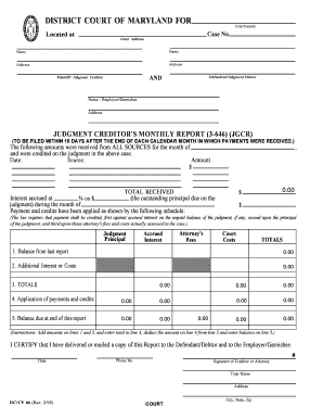 Judgment Creditor's Monthly Report DC/CV 66