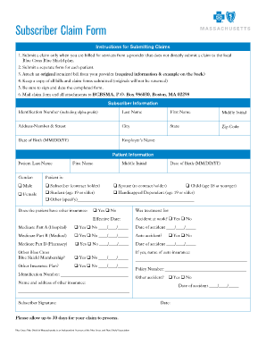 Blue Cross Blue Shield Subscriber Claim Form