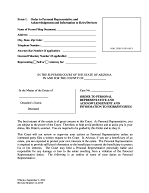 Arizona Order to Personal Representative and Acknowledgement