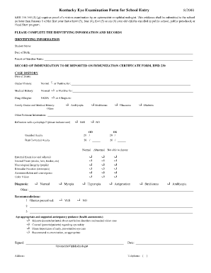 Kentucky School Entry Eye Examination Form