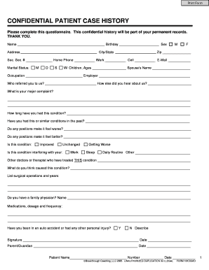Confidential Patient Case History Form