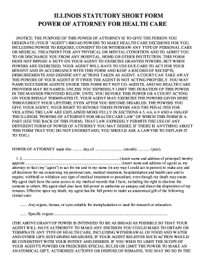 Illinois Statutory Short Form Power of Attorney for Health Care