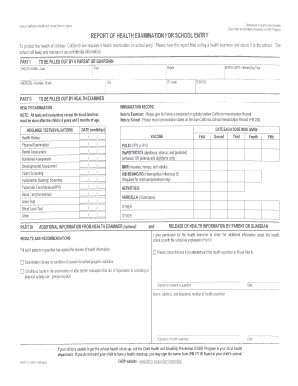 California School Entry Health Examination Report