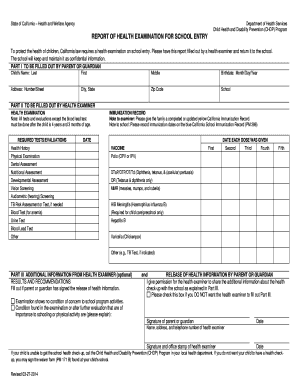 California School Entry Health Examination Report