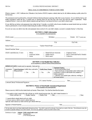 California Oral Health Assessment Verification Form