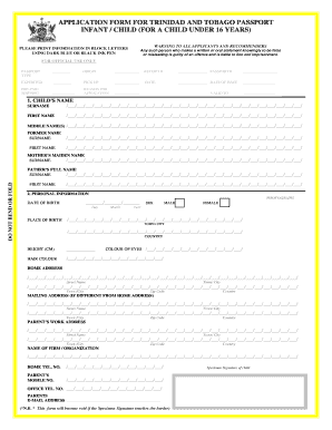 Trinidad and Tobago Passport Application Form for Infants and Children