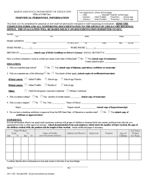 Maryland Child Care Staff Application Form