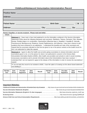 Childhood/Adolescent Immunization Administration Record