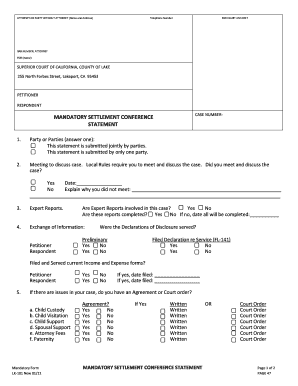 California Mandatory Settlement Conference Statement