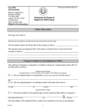 Texas Change of Registered Agent/Office Form 401