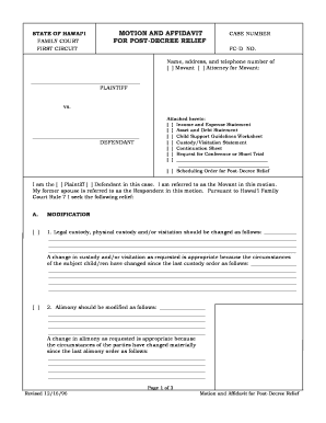 Hawaii Family Court Motion and Affidavit for Post-Decree Relief