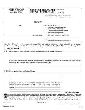 Hawaii Family Court Motion and Declaration for Post-Decree Relief