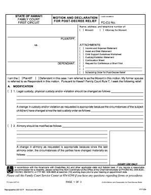 Hawaii Family Court Motion and Declaration for Post-Decree Relief