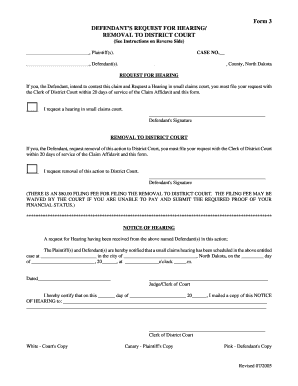 Defendant's Request for Hearing/Removal to District Court