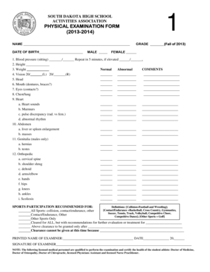 South Dakota High School Physical Examination Form