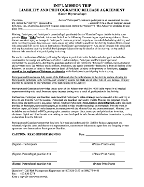 International Mission Trip Liability and Photographic Release Agreement