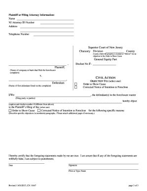 New Jersey Foreclosure Objection Form