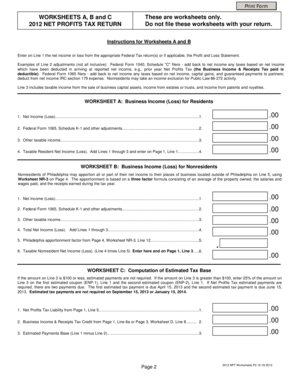 2012 Philadelphia Net Profits Tax Worksheets