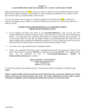 Toyota Brake Override System Cash Claim Form