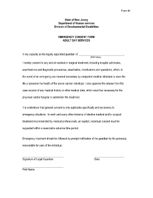 New Jersey Emergency Consent Form for Adult Day Services