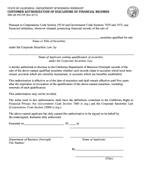 California Customer Authorization of Disclosure of Financial Records