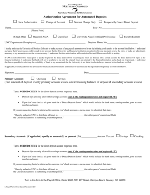 University of Northern Colorado Direct Deposit Authorization