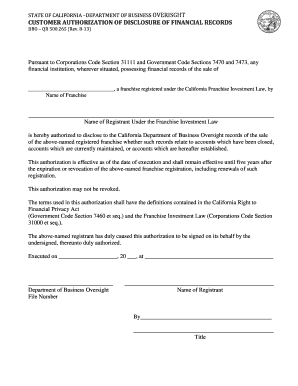 California Franchise Financial Records Disclosure Authorization