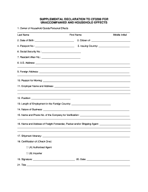 Supplemental Declaration to CF3299 for Unaccompanied and Household Effects