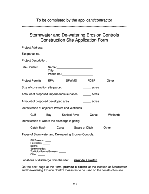 Stormwater and De-watering Erosion Controls Construction Site Application Form