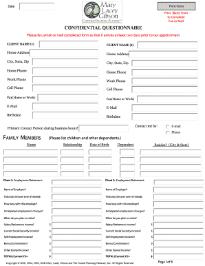 Confidential Questionnaire for Financial Planning