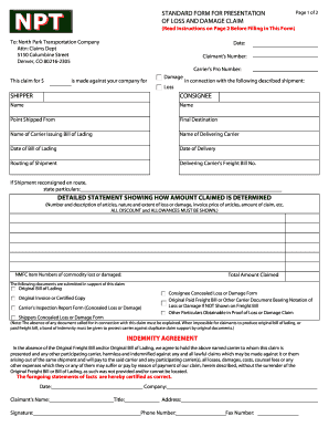 Standard Form for Presentation of Loss and Damage Claim
