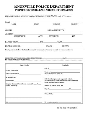Knoxville Police Department Arrest Record Release Form