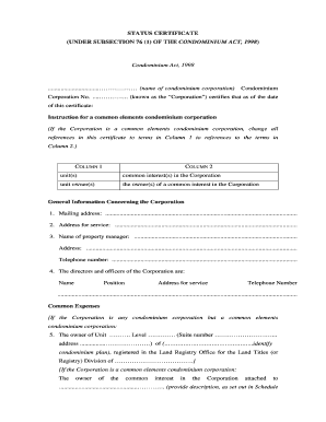 Status Certificate Under Condominium Act 1998