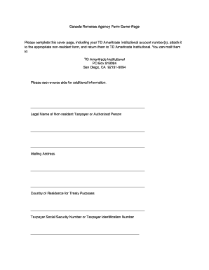 Canada Revenue Agency Non-Resident Tax Form Cover Page