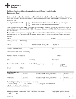 Children Youth Addiction Mental Health Intake Form