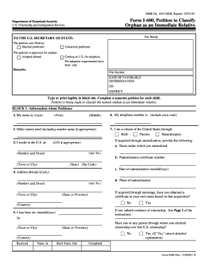 Form I-600 Petition to Classify Orphan as Immediate Relative